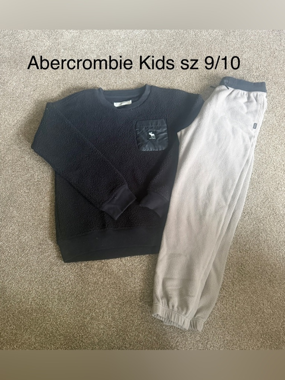 abercrombie kids fleece black fleece sweatshirt with tan joggers sz 9/10